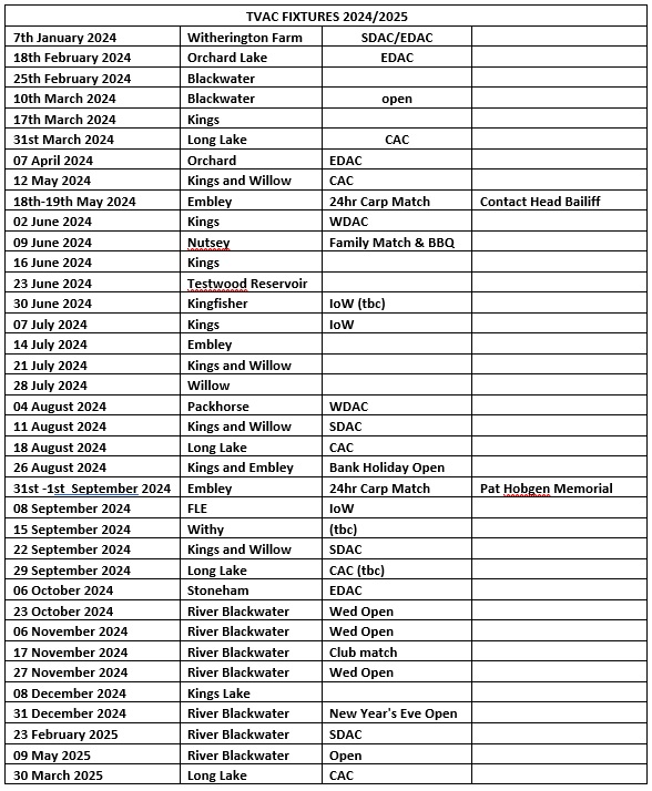 Match Dates 2024 2025 Test Valley Angling Club